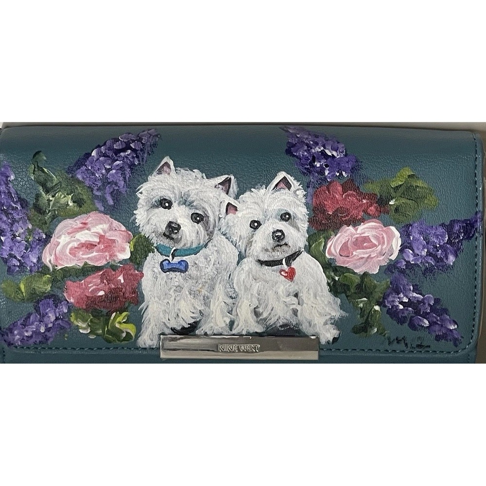 Nine West Womens Wallet NWT Teal Green Floral Terrier Dog Credit Card Holder